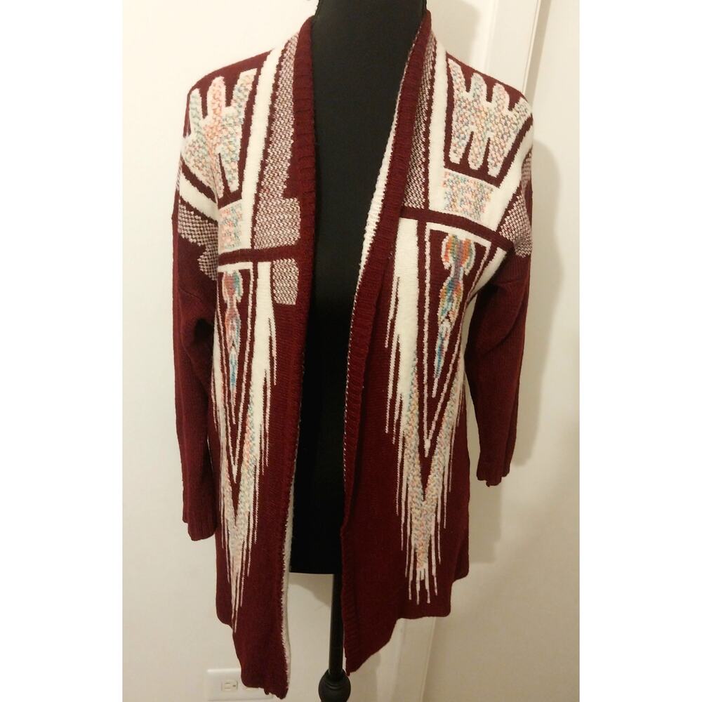 Xhilaration Southwestern Tribal Cardigan Women’s Maroon Open Front Boho Sweater